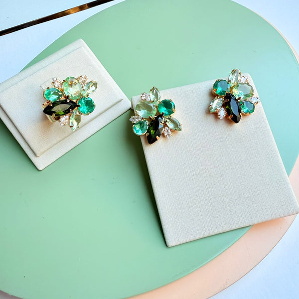 Kit Anel com Brinco de Pedraria Tons de Verde - Selivon