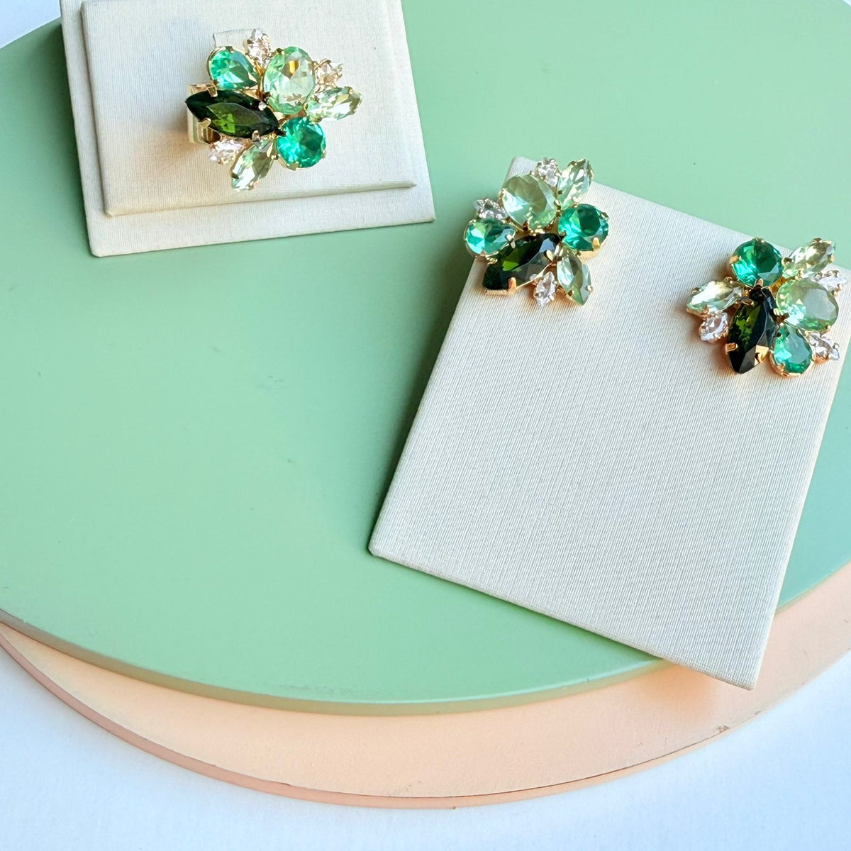Kit Anel com Brinco de Pedraria Tons de Verde - Selivon