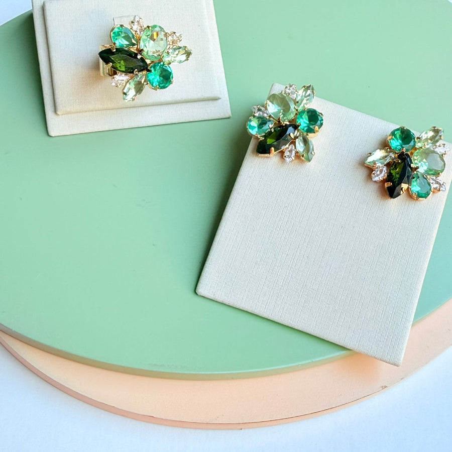 Kit Anel com Brinco de Pedraria Tons de Verde - Selivon