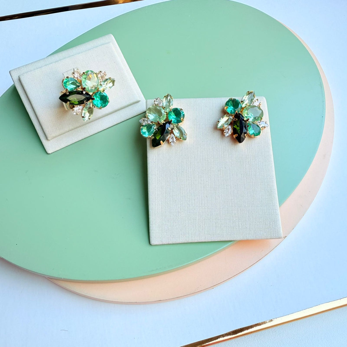 Kit Anel com Brinco de Pedraria Tons de Verde - Selivon