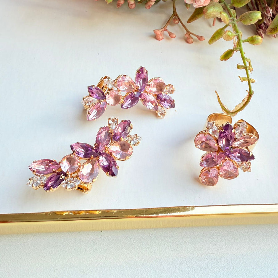 Kit Ear Curf e Anel Regulável de Zircônia Rosé com Lilas - Lidy