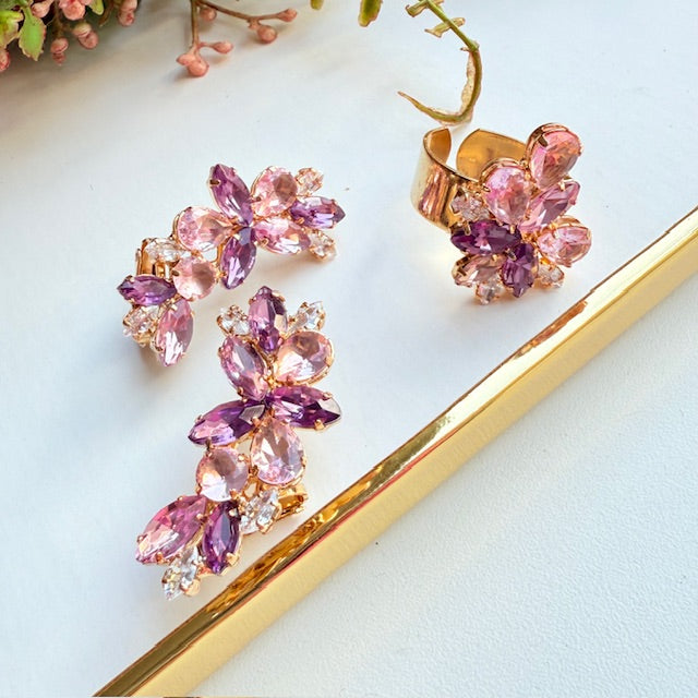 Kit Ear Curf e Anel Regulável de Zircônia Rosé com Lilas - Lidy
