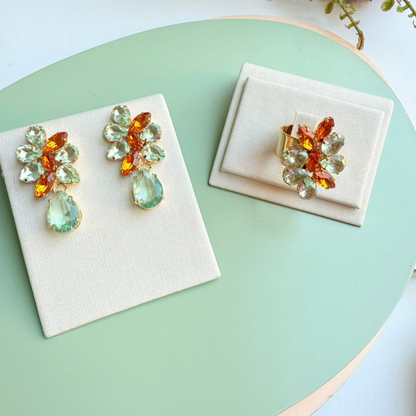 Kit Anel Regulável com Brinco de Zircônia Menta com Coral  Sotto