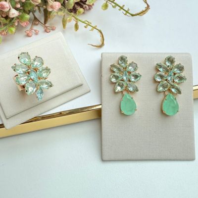 Kit Anel com Brinco de Zircônia Menta Dourado -  Sotto