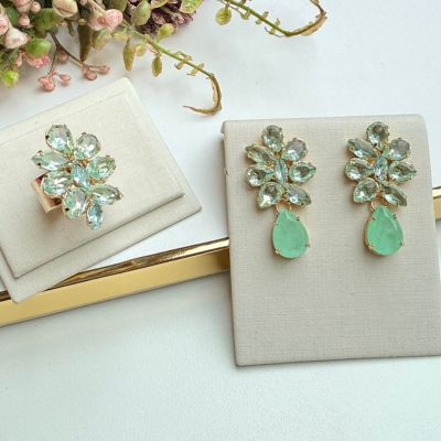 Kit Anel com Brinco de Zircônia Menta Dourado -  Sotto