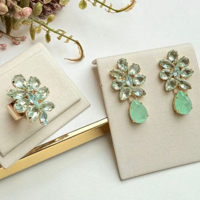 Kit Anel com Brinco de Zircônia Menta Dourado -  Sotto
