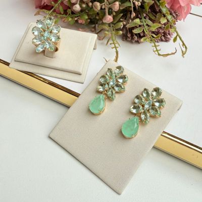 Kit Anel com Brinco de Zircônia Menta Dourado -  Sotto