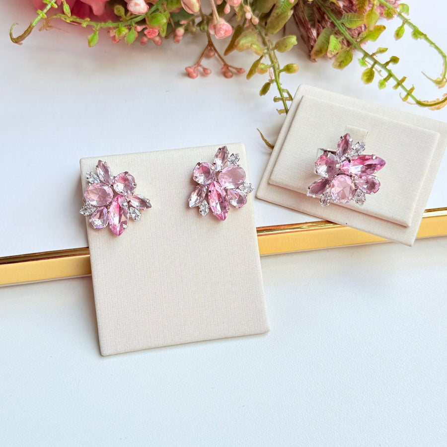 Kit Anel Regulável Com Brinco de Zircônia Rosa Lany - Prata