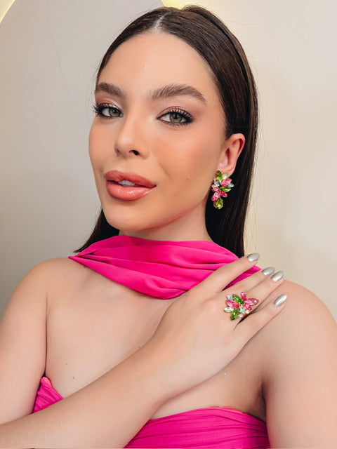 Kit Anel com Brinco Pink e Verde Oliva  Marina