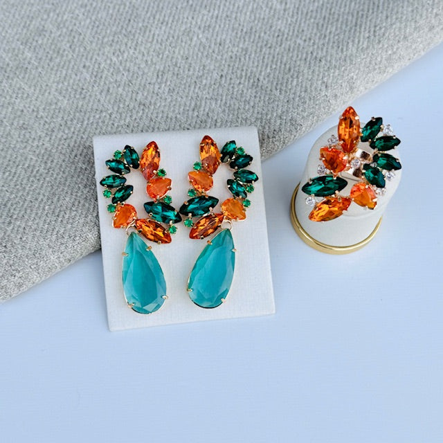 Kit Anel com Brinco Verde com Laranja Amanda