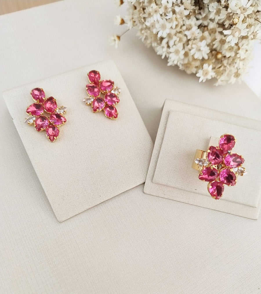 Kit Anel e Brinco de Zircônia Fúscia Valentina Banho:Dourado