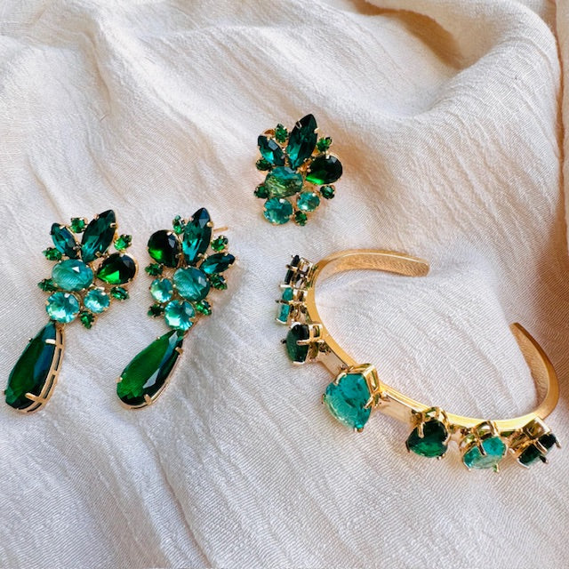 Kit Anel Regulável, Bracelete e Brinco de Pedraria Esmeralda Liah