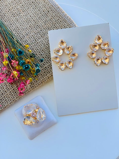 Kit Anel Regulável com Brinco Aguiar Cristal Dourado