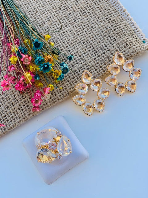 Kit Anel Regulável com Brinco Aguiar Cristal Dourado