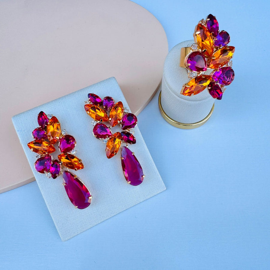 Kit Anel Regulável com Brinco Josy Laranja Coral com Rosa Fúcsia Dourado