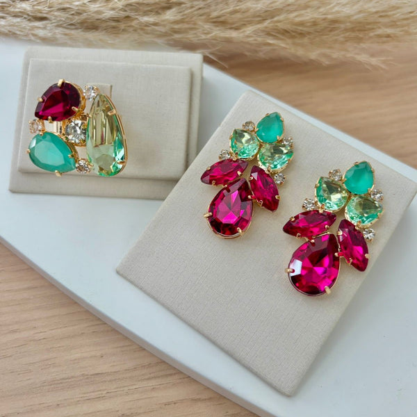 Kit Anel Regulável com Brinco Kelly verde Menta com rosa Fucsia