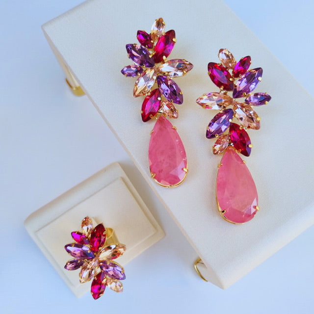 Kit Anel Regulável com Brinco Londres Lilás com Rosa Dourado