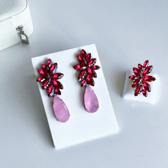 Kit Anel Regulável com Brinco Londres Pink com Rosa Dourado