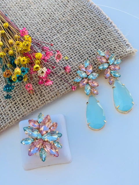 Kit Anel Regulável com Brinco Mini Londres Azul com Nude Dourado