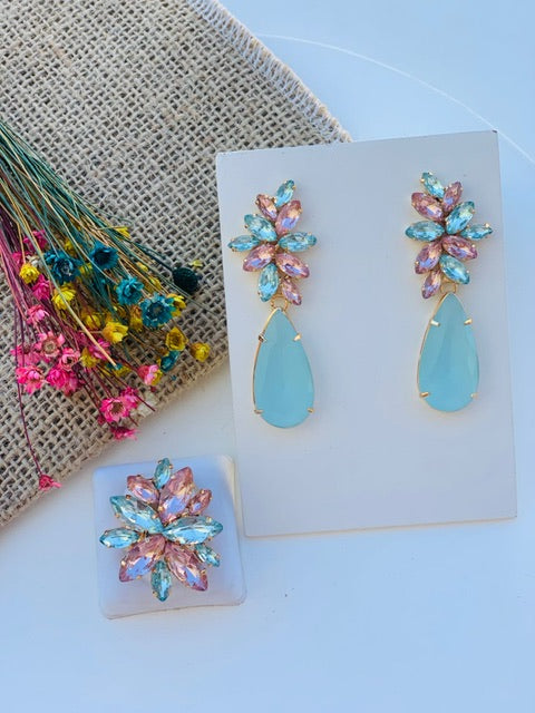 Kit Anel Regulável com Brinco Mini Londres Azul com Nude Dourado