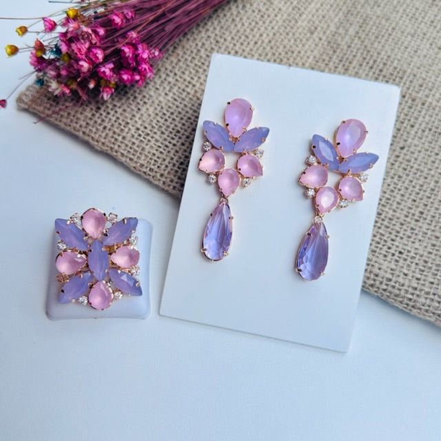 Kit Anel Regulável com Brinco Rosa com Lavanda Pará