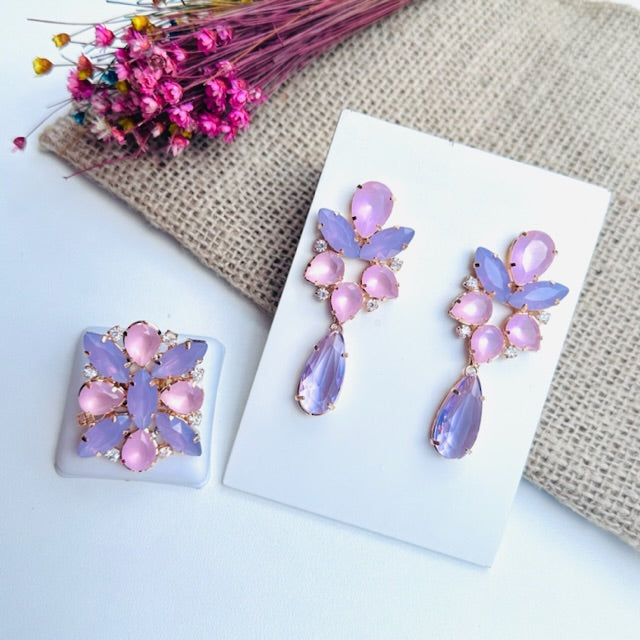 Kit Anel Regulável com Brinco Rosa com Lavanda Pará