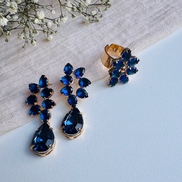 KIT ANEL REGULÁVEL E BRINCO Azul Safira DE ZIRCÔNIA WALL