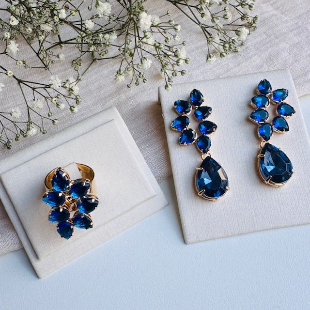 KIT ANEL REGULÁVEL E BRINCO Azul Safira DE ZIRCÔNIA WALL