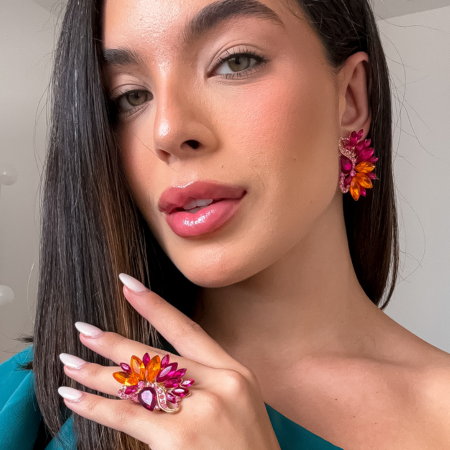 Kit Anel regulável e Brinco Mello Laranja Coral com Rosa Pink Banho Dourado