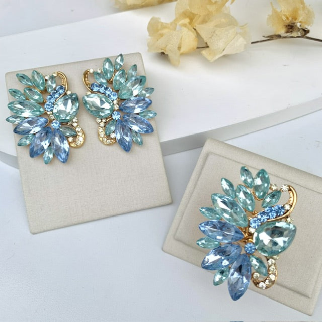 Kit Anel Regulável e Brinco Mello Tons de Azul Serenety Dourado