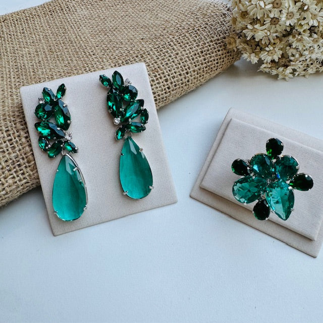 Kit Anel Regulável e Brinco Nethy Verde Esmeralda Banho Prata