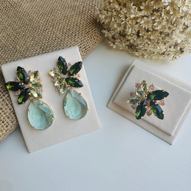 Kit Anel Regulável e Brinco Vanessa Verde Menta com Verde Oliva Dourado