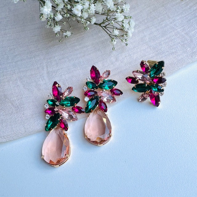 Kit Anel Regulável e Brinco Verde, Nude e Rosa Pink Stella