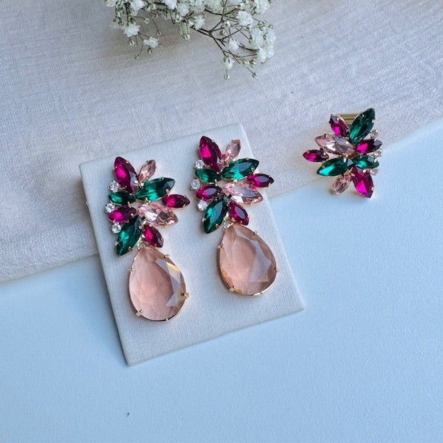 Kit Anel Regulável e Brinco Verde, Nude e Rosa Pink Stella