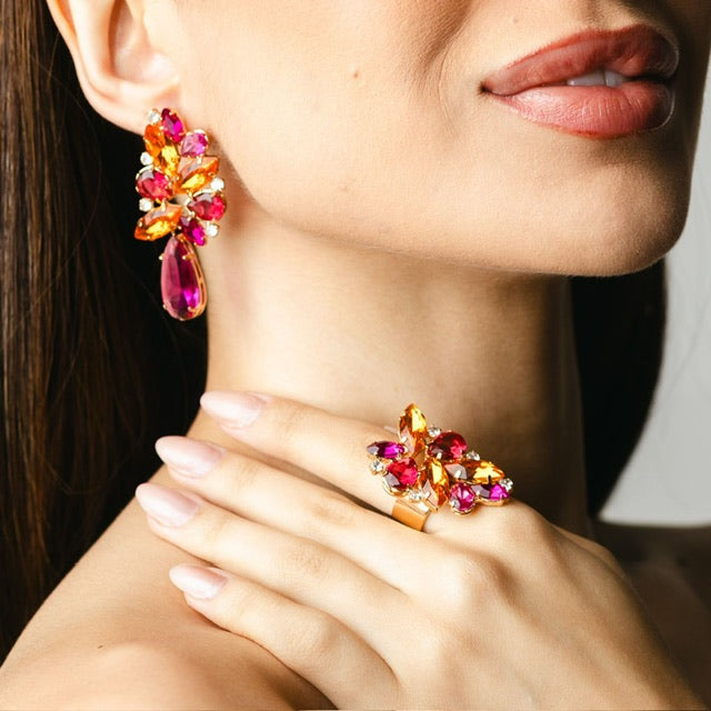 Kit Anel Regulável com Brinco Josy Laranja Coral com Rosa Fúcsia Dourado