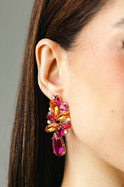 Kit Anel Regulável com Brinco Josy Laranja Coral com Rosa Fúcsia Dourado