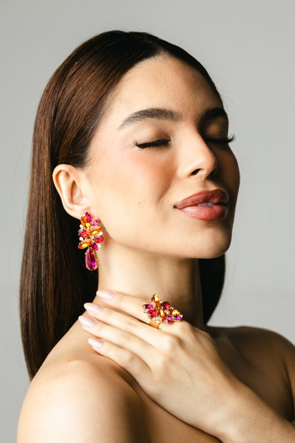 Kit Anel Regulável com Brinco Josy Laranja Coral com Rosa Fúcsia Dourado