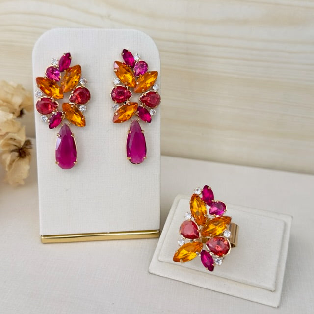 Kit Anel Regulável com Brinco Josy Laranja Coral com Rosa Fúcsia Dourado