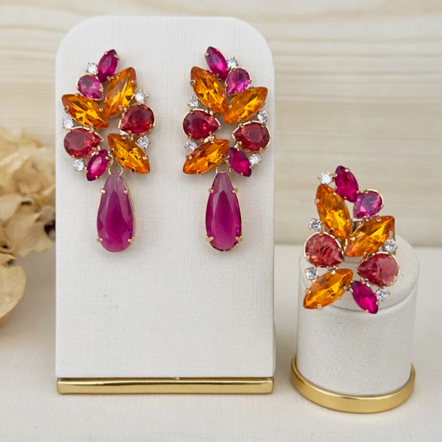 Kit Anel Regulável com Brinco Josy Laranja Coral com Rosa Fúcsia Dourado