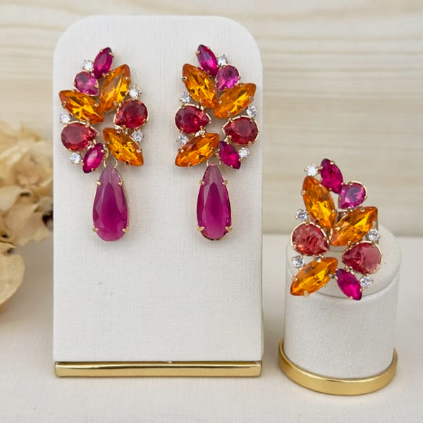 Kit Anel Regulável com Brinco Josy Laranja Coral com Rosa Fúcsia Dourado