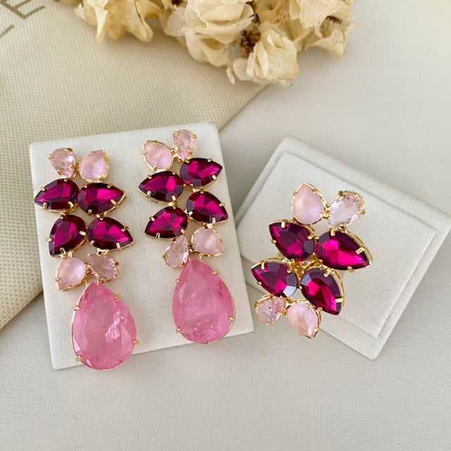 Kit Anel Regulável com Brinco Julia Tons de Rosa Dourado