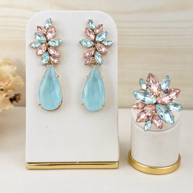 Kit Anel Regulável com Brinco Mini Londres Azul com Nude Dourado