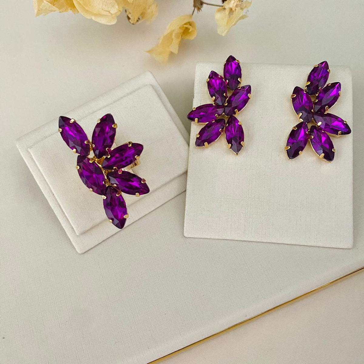 Kit Anel Regulável com Brinco Roxo Dourado - Leandra