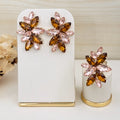 Kit Anel Regulável e Brinco Clover Tons de Marrom Dourado