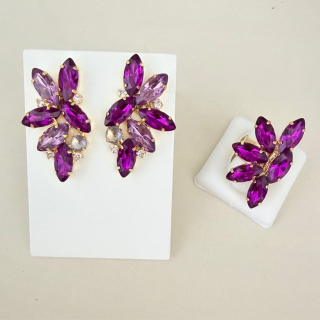 Kit Anel Regulável e Brinco Marcela Tons de Roxo Dourado