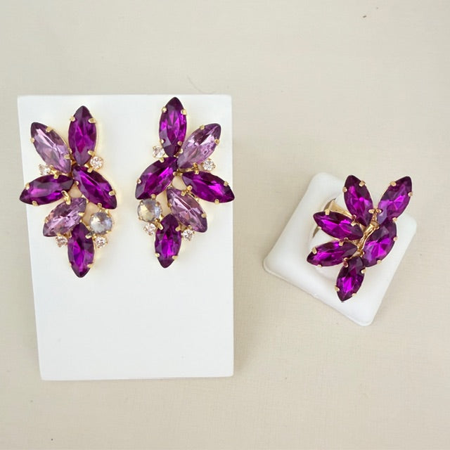 Kit Anel Regulável e Brinco Marcela Tons de Roxo Dourado