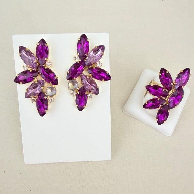 Kit Anel Regulável e Brinco Marcela Tons de Roxo Dourado