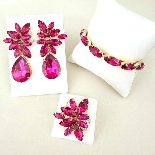 KIT Bracelete, ANEL REGULÁVEL E BRINCO Rosa Pink SILMARA