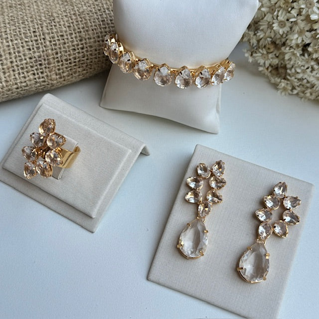 Kit Bracelete, Brinco e Anel Regulável Cristal de Zircônia Wall