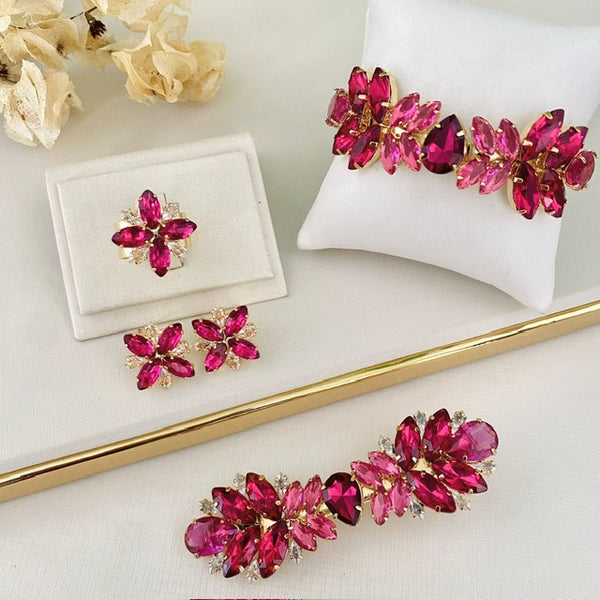 Kit Brinco, Anel, Presilha, Bracelete Pink com Fuscia Nilce